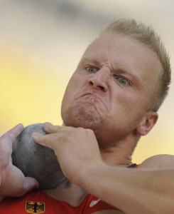 Germany's Marco Schmidt competes in the men's shot put qualification round at the International Association of Athletics Federations (IAAF) World Championships in Daegu on September 1, 2011.  AFP PHOTO / PETER PARKS